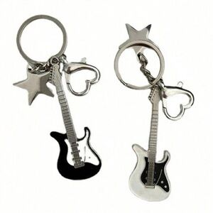 2 pcs Guitar Charm Keychain Silver Plated Set Black White Music Couple Pendant
